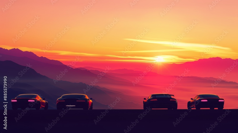 Silhouettes of Cars at Sunset - A breathtaking landscape with four cars silhouetted against a vibrant sunset over distant mountains. Silhouettes of Cars at Sunset - A breathtaking landscape with four cars silhouetted against a vibrant sunset over distant mountains.
