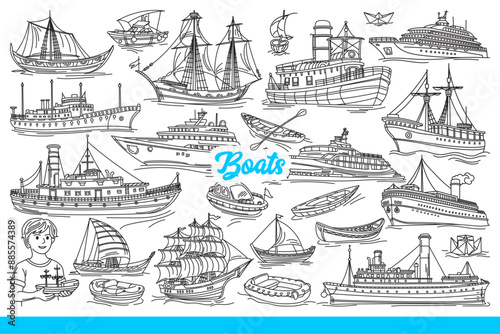Sea vessels and boats or ships floating in ocean due to motor or wind force. Boy is interested in collecting toy ships and launches or yachts traveling along rivers and lakes. Hand drawn doodle