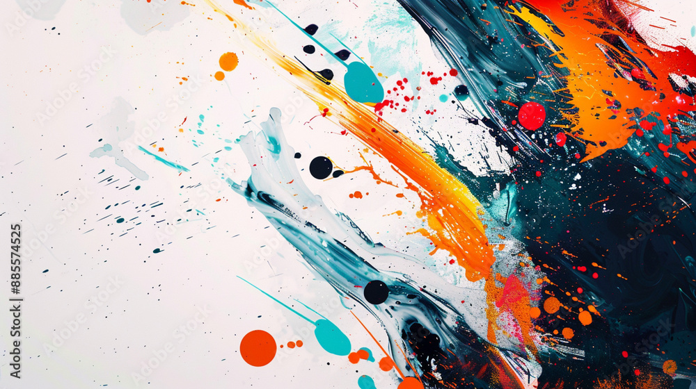 Modern abstract background with splashes of paint and bold, contrasting colors, set against a minimalist white backdrop Modern abstract background with splashes of paint and bold, contrasting colors, set against a minimalist white backdrop