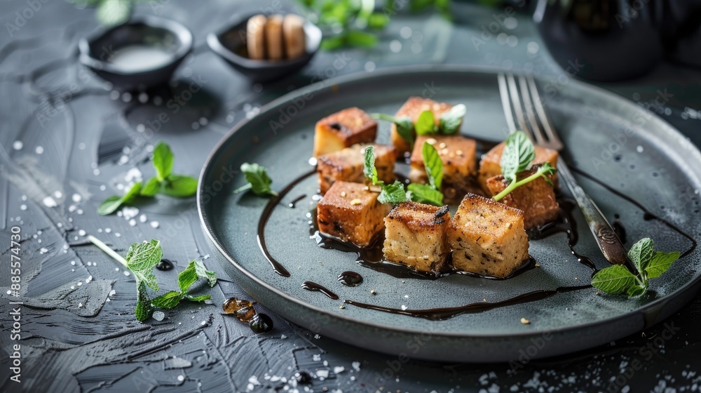 Croutons and liver pate with honey on a gray plate in a restaurant setting Accompanied by fork mint and coffee High end dining scene Room for text backdrop Croutons and liver pate with honey on a gray plate in a restaurant setting Accompanied by fork mint and coffee High end dining scene Room for text backdrop