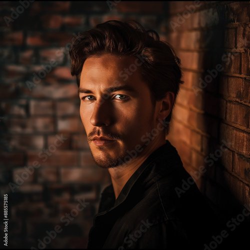 A dramatic portrait with soft lighting against a textured brick background. The lighting casts gentle shadows and highlights, emphasizing the subject's features and creating a warm, inviting atmospher