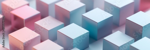 Abstract Geometric Pattern with Pastel Colors - A close-up view of a pattern of pastel pink and blue cubes arranged in a symmetrical pattern. The cubes are glossy and create a visually appealing abstr