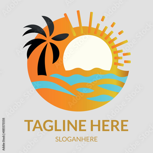 Vacation logo design template with Tropical beach and palm tree design vector illustration. icon, symbol, creative. Art & Illustration.