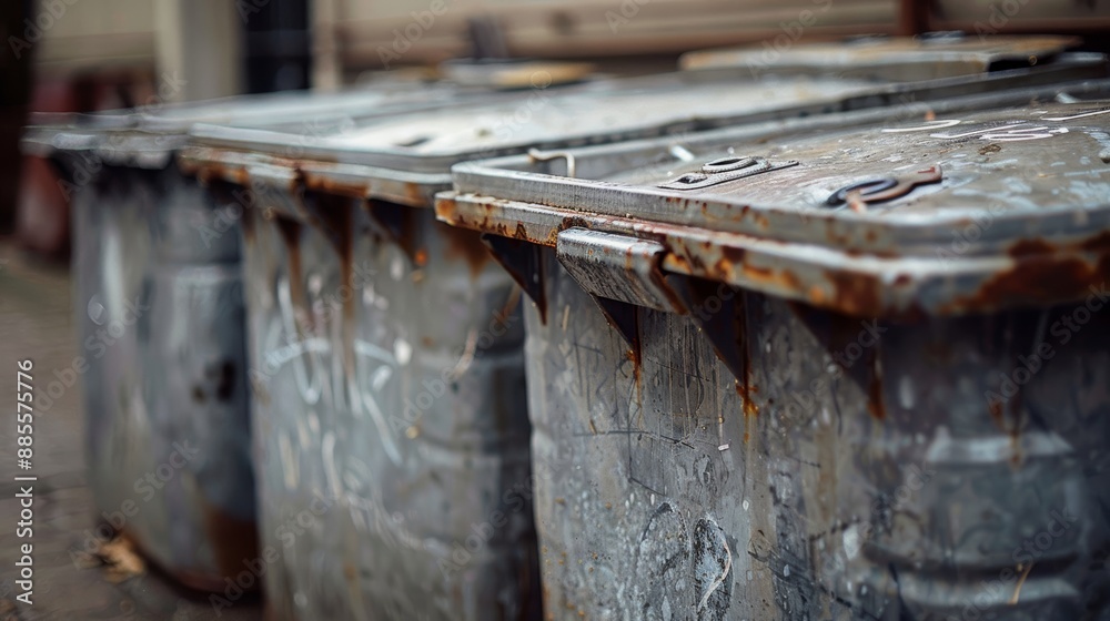 Worn old metallic garbage dumpster container or dust bins at the street Worn old metallic garbage dumpster container or dust bins at the street