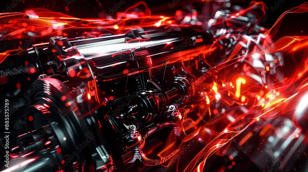 Engine Power and Performance - Close-up shot of a car engine with red glowing light effects, highlighting the powerful and dynamic nature of the vehicle's machinery.