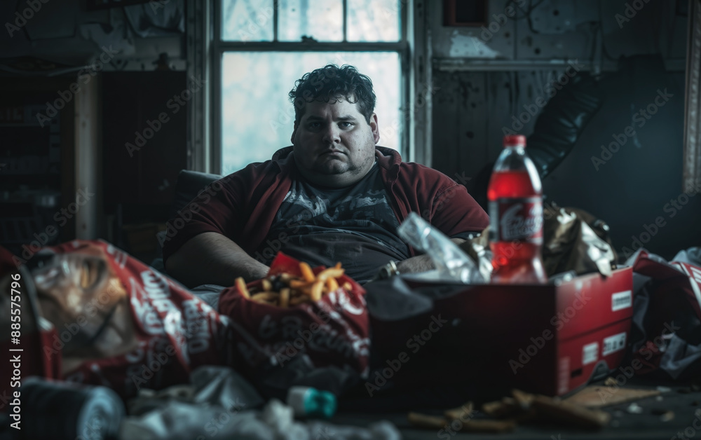 Overweight man sitting on a messy couch surrounded by junk food and trash Overweight man sitting on a messy couch surrounded by junk food and trash