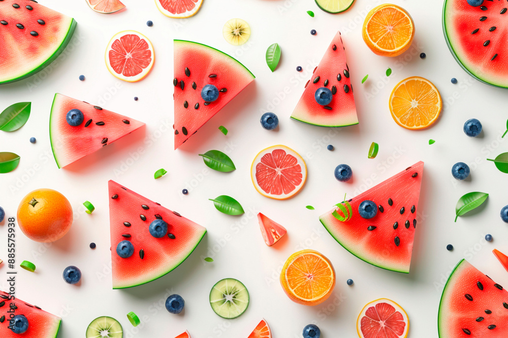 Slices of watermelon, citrus fruits, and berries arranged on a white background Slices of watermelon, citrus fruits, and berries arranged on a white background