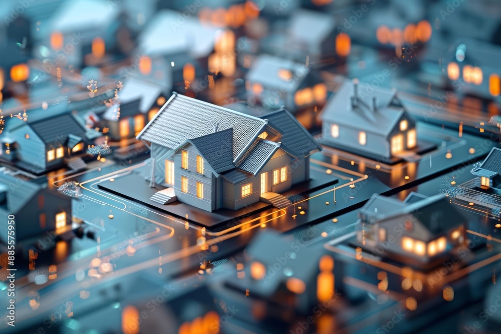 Obraz premium 3D model of a futuristic housing plan, selective focus, innovative living concept, vibrant, double exposure, smart city backdrop