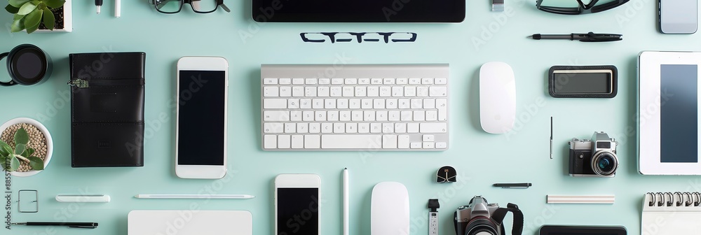 Flat Lay of Office Supplies and Gadgets - A flat lay showcasing a workspace with various office supplies, gadgets, and technology, emphasizing a modern, organized, and efficient workspace. Flat Lay of Office Supplies and Gadgets - A flat lay showcasing a workspace with various office supplies, gadgets, and technology, emphasizing a modern, organized, and efficient workspace.