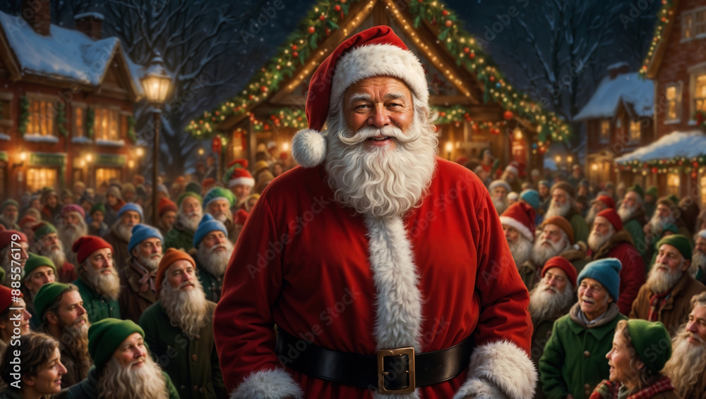 Santa claus greeting elves in christmas village Santa claus greeting elves in christmas village