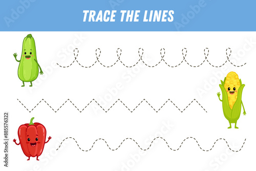 Tracing lines for kids. Cute cartoon vegetables. Zucchini , corn, pepper. Handwriting practice. Educational game for preschool kids. Activity page. Vector