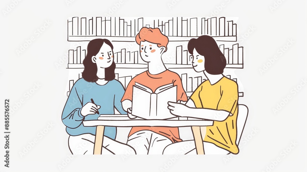 Three Friends Studying in a Library - Illustration of three young friends studying in a library setting, surrounded by bookshelves and books. Three Friends Studying in a Library - Illustration of three young friends studying in a library setting, surrounded by bookshelves and books.
