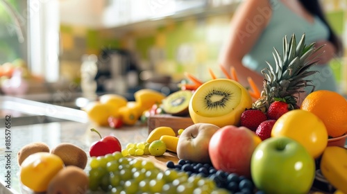 Fototapeta Naklejka Na Ścianę i Meble -  A vibrant arrangement of prenatal vitamins and fresh fruits on a kitchen counter, symbolizing nutrition and prenatal care