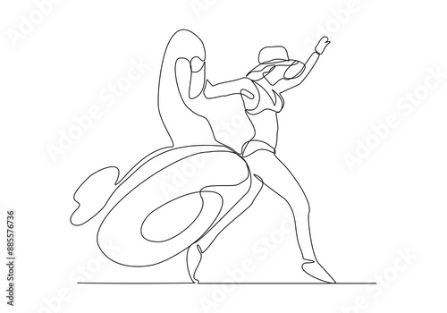 Continuous single line sketch drawing beach vacation summer travel woman relaxing with swimming pool inflatable flamingo float toy vector illustration