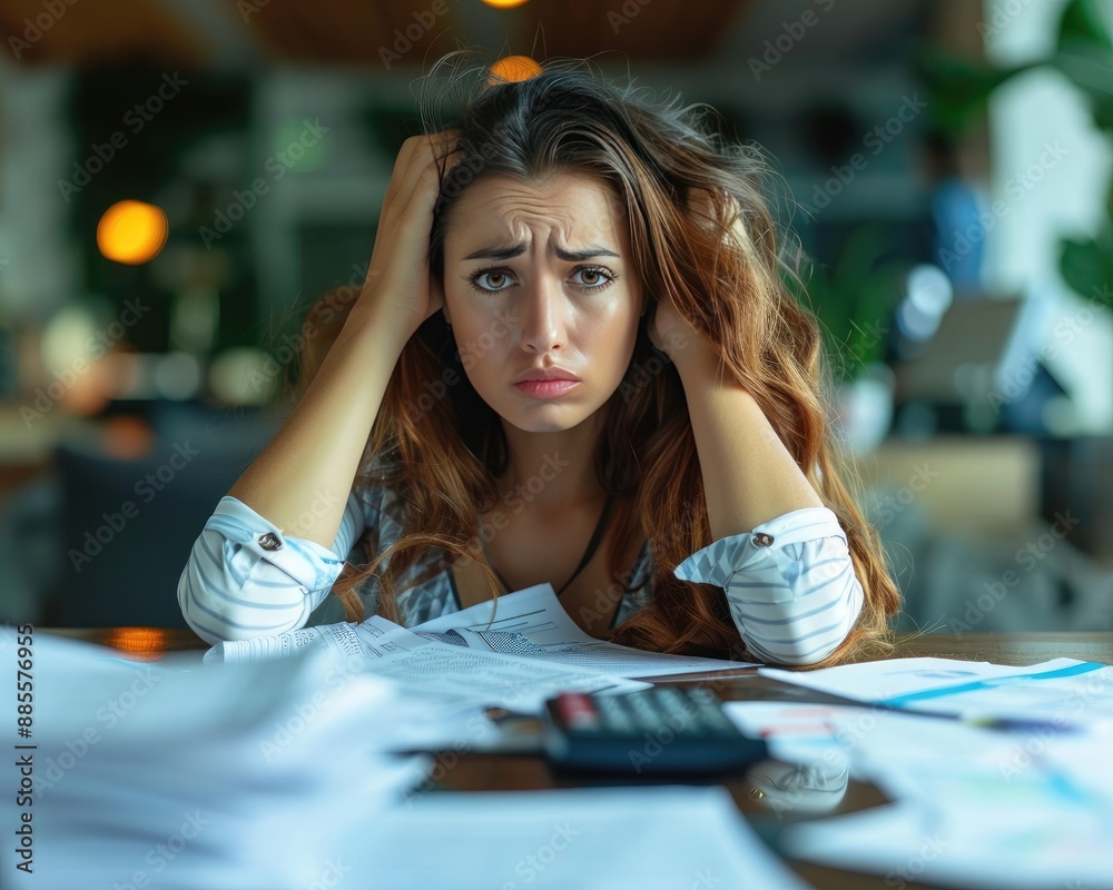 Fototapeta premium Businesswoman frustrated with financial documents, calculator on the table, focus on stress and deadlines