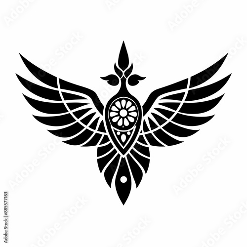 Doodle bird with intricate mandala wings, white background