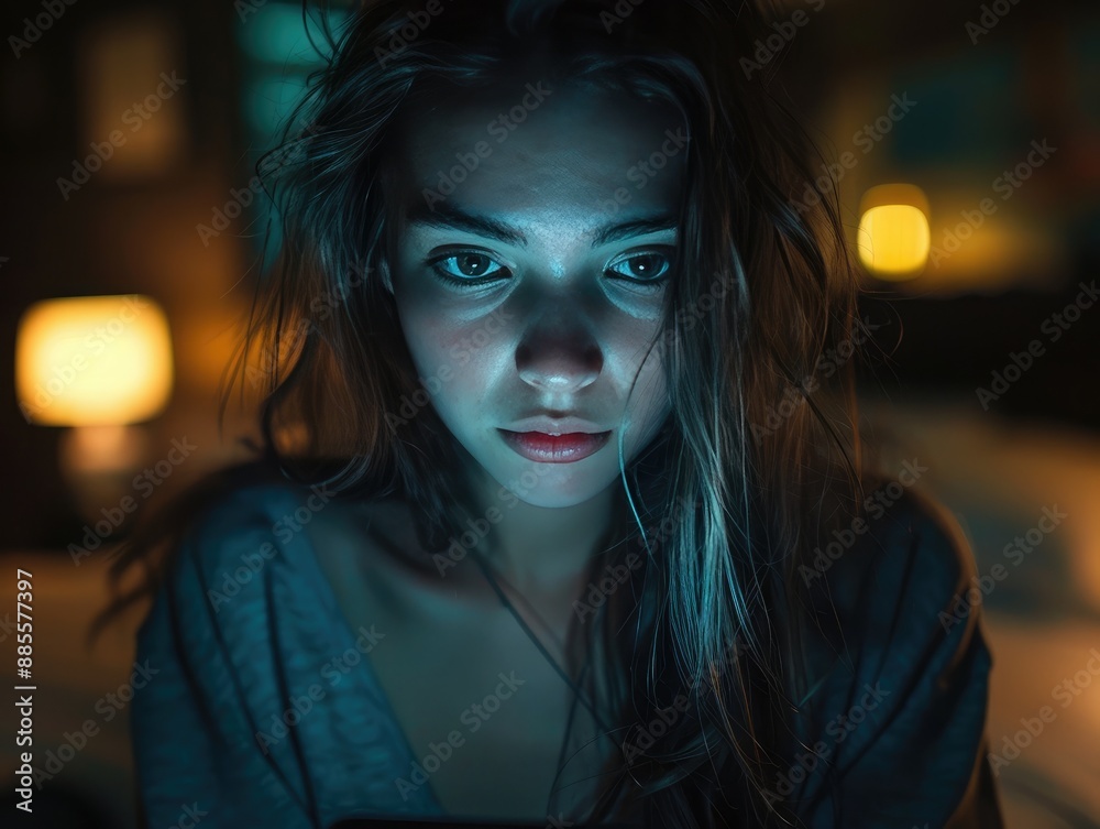 Young woman scrolling through phone endlessly, dark room. Highlighting addiction to technology and sleep deprivation Young woman scrolling through phone endlessly, dark room. Highlighting addiction to technology and sleep deprivation