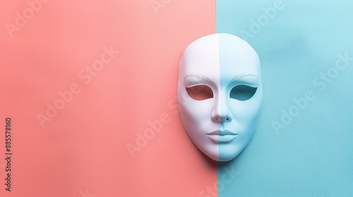 White Mask on a Pink and Blue Background - A white face mask is placed on a pink and blue background. The mask is symmetrical and split in half, with one side being white and the other being blue.