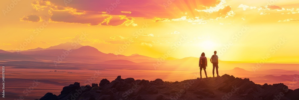 Silhouettes of Two Hikers on Mountain Peak at Sunset - Two hikers stand on a mountain peak, silhouetted against a breathtaking sunset. Silhouettes of Two Hikers on Mountain Peak at Sunset - Two hikers stand on a mountain peak, silhouetted against a breathtaking sunset.