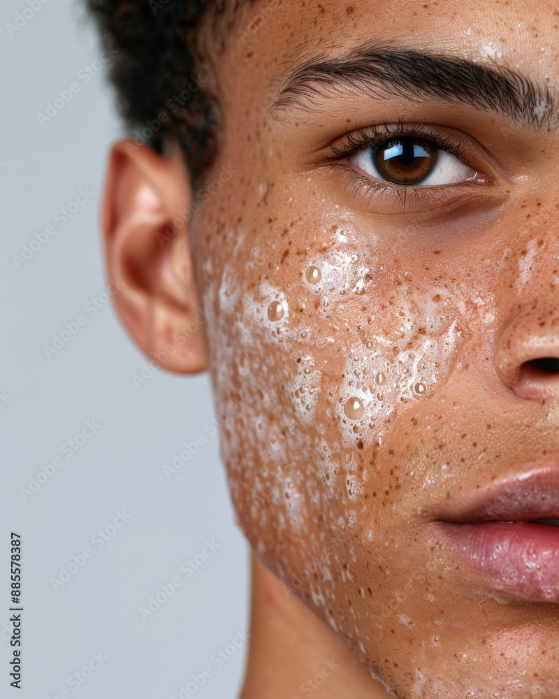 A young mixed-race man with freckles and facial foam, showing his daily skincare regimen A young mixed-race man with freckles and facial foam, showing his daily skincare regimen