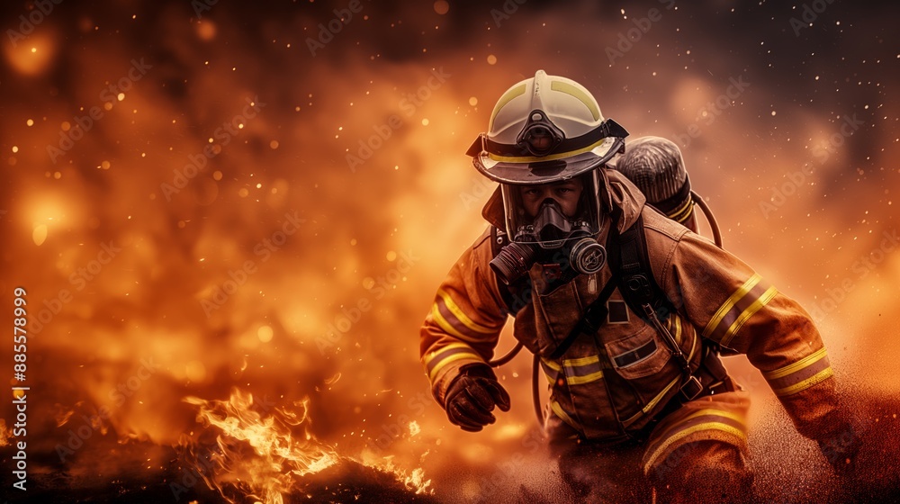 Brave firefighter in full gear battling intense wildfire, symbolizing courage and heroism in emergency situations. Brave firefighter in full gear battling intense wildfire, symbolizing courage and heroism in emergency situations.