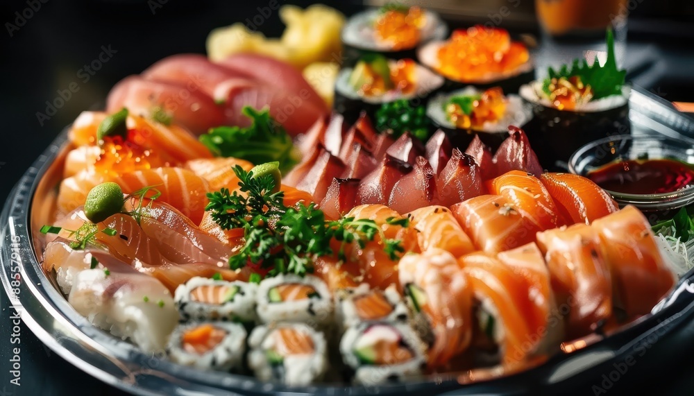 A beautifully arranged platter of assorted sushi and sashimi, with garnishes and dipping sauces A beautifully arranged platter of assorted sushi and sashimi, with garnishes and dipping sauces