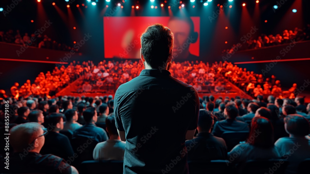 Man stands before a large audience in a theater with vibrant red lighting, focusing on the stage and screen in a captivating event. Man stands before a large audience in a theater with vibrant red lighting, focusing on the stage and screen in a captivating event.