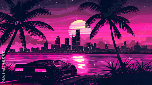 Ilustración cinematográfica de Miami al estilo de la portada de un álbum de onda sintética de los 80, con palmeras y siluetas del horizonte, con una puesta de sol rosa sobre el agua y un auto