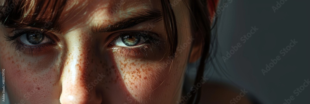 Close-up Portrait of a Young Woman with Freckles - A close-up portrait of a young woman with freckles, captured in a studio setting with natural lighting. The focus is on her eyes, highlighting her un Close-up Portrait of a Young Woman with Freckles - A close-up portrait of a young woman with freckles, captured in a studio setting with natural lighting. The focus is on her eyes, highlighting her un
