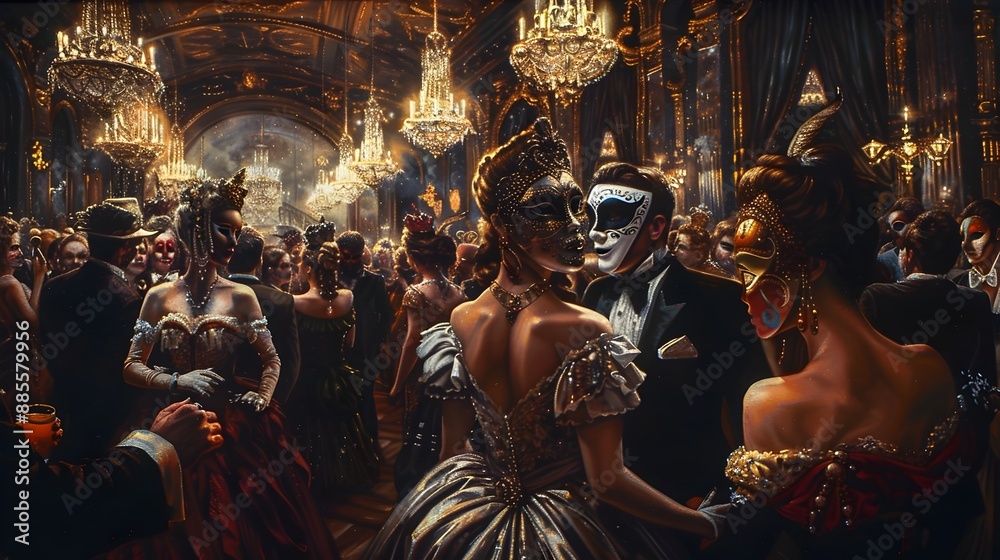 Enigmatic Masquerade Ball in Opulent Ballroom with Guests in Ornate Disguises and Theatrical Atmosphere Enigmatic Masquerade Ball in Opulent Ballroom with Guests in Ornate Disguises and Theatrical Atmosphere