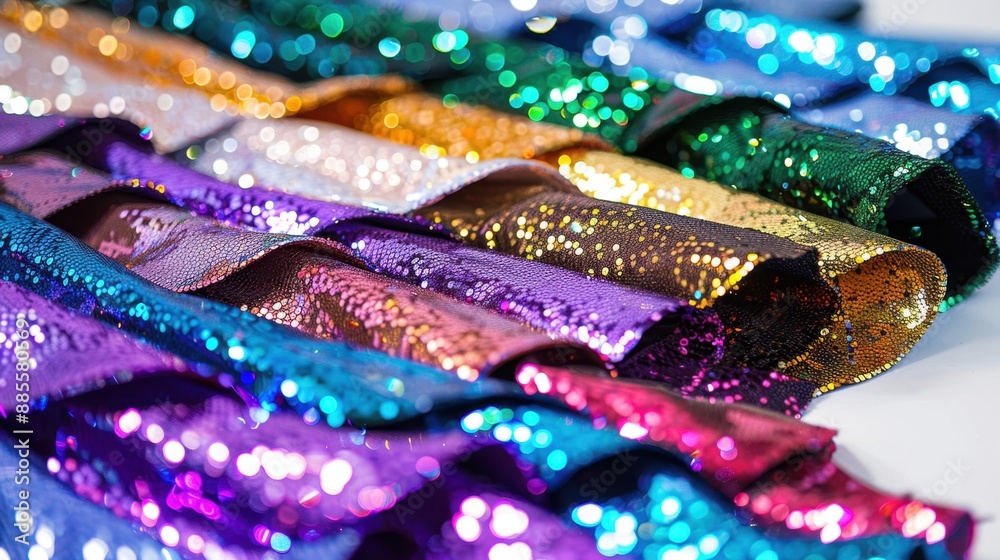 Fototapeta premium Sparkling sequin costumes laid out, emphasizing their vibrant colors and shimmer. Isolate white background
