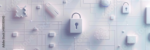 Cybersecurity: Data Protection and Digital Security - A digital art depicting a white padlock against a white background with interconnected lines representing a network. This abstract image symbolize photo