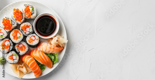 Wallpaper Mural Banner with tasty sushi rolls on white background. Top of view. Copy space. Place for text. Torontodigital.ca