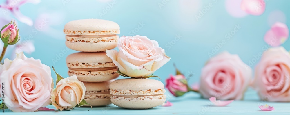 Two macarons with almonds on a blue background. Free copy space for banner. Two macarons with almonds on a blue background. Free copy space for banner.