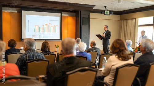 Financial Advisor Presents Retirement Planning Seminar to Attentive Seniors in Warm Conference Room