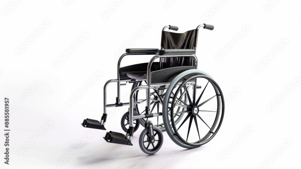 Fototapeta premium A wheelchair placed at an angle, with its wheels and seat clearly visible, on a white background. Isolate white background