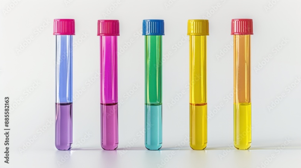 A set of colorful test tubes, standing upright on a white background, symbolizing laboratory analysis and experimentation. A set of colorful test tubes, standing upright on a white background, symbolizing laboratory analysis and experimentation.