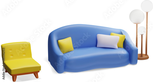 Modern blue sofa with pillows, floor lamp and yellow armchair 3D plastic style vector illustration, couch furniture