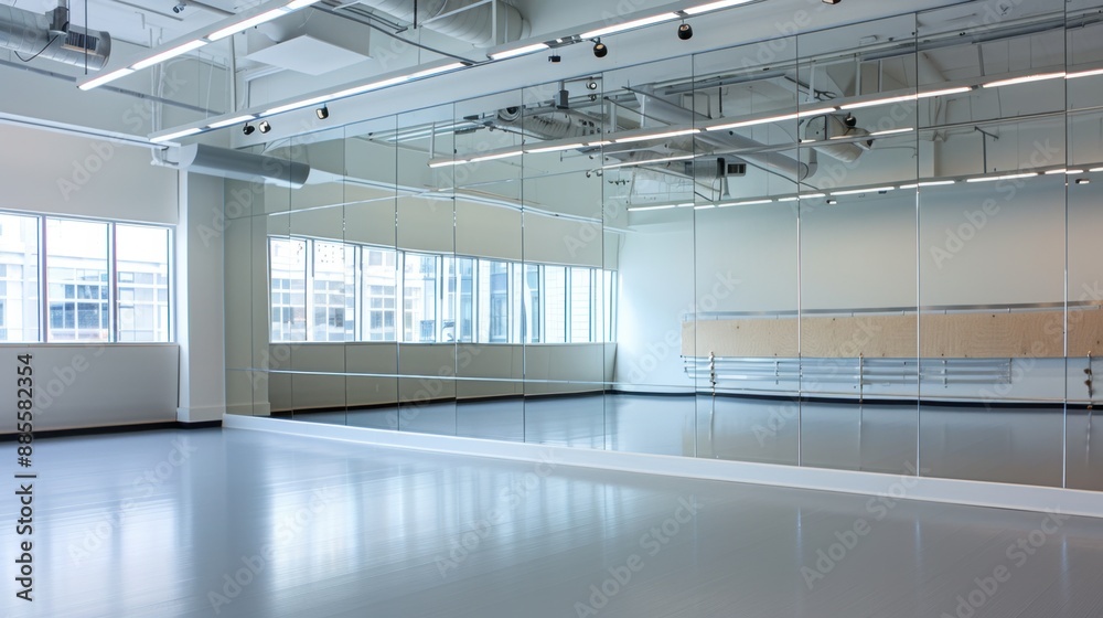A large mirror wall reflecting the dance studio environment, enhancing the sense of space. Isolate white background A large mirror wall reflecting the dance studio environment, enhancing the sense of space. Isolate white background