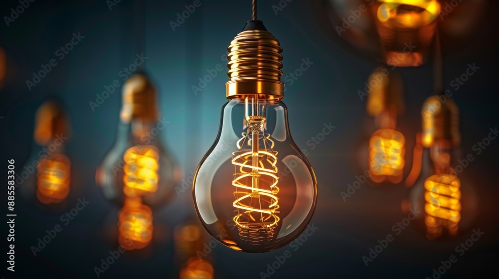 Multiple retro-style light bulbs hang from the ceiling in a dark room casting a nostalgic glow. They create a captivating vintage ambiance. Idea concept. Teamwork. illustration. Multiple retro-style light bulbs hang from the ceiling in a dark room casting a nostalgic glow. They create a captivating vintage ambiance. Idea concept. Teamwork. illustration.