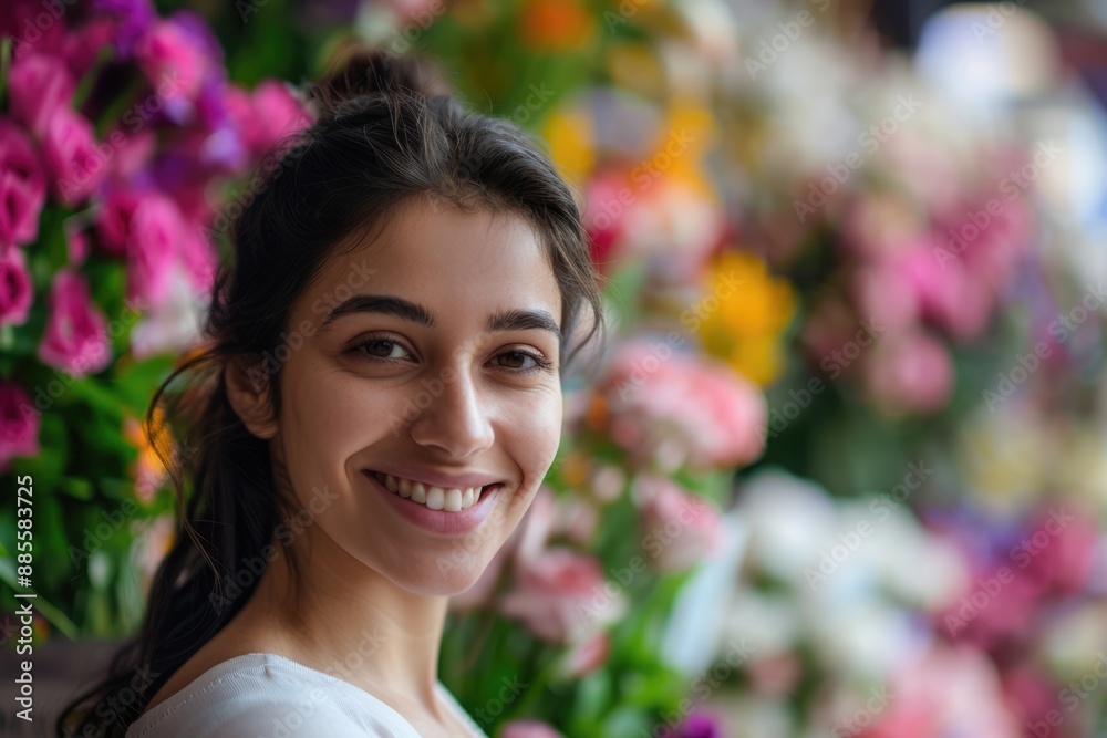 Young smiling cheerful woman florist at flower shop with vibrant flowers on blurred floral background Young smiling cheerful woman florist at flower shop with vibrant flowers on blurred floral background