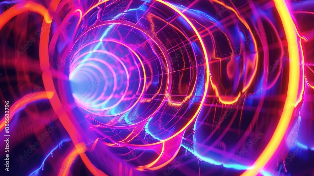 A captivating neon wave design featuring multiple rings of radiant, intersecting lines that form a complex and visually stunning pattern. A captivating neon wave design featuring multiple rings of radiant, intersecting lines that form a complex and visually stunning pattern.