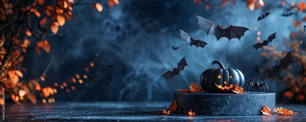 Naklejka premium Dark podium with Halloween bats and spiders, Halloween product podium, creepy and atmospheric