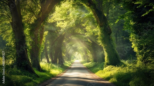 A road with trees on either side and a tunnel in the middle