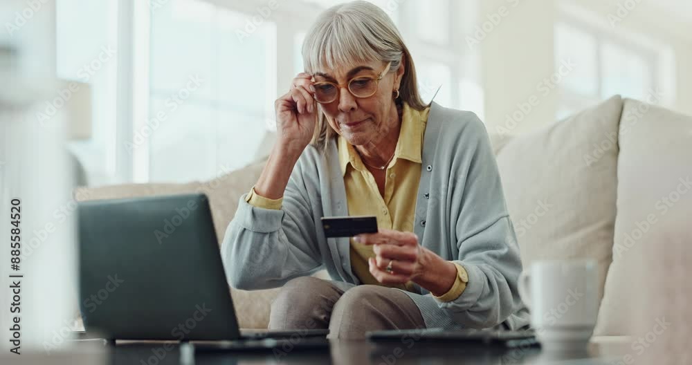 Mature woman, home and success with credit card for online shopping, investment or pension funding on laptop. Excited person on computer for easy internet banking, security and comfort with fintech Mature woman, home and success with credit card for online shopping, investment or pension funding on laptop. Excited person on computer for easy internet banking, security and comfort with fintech