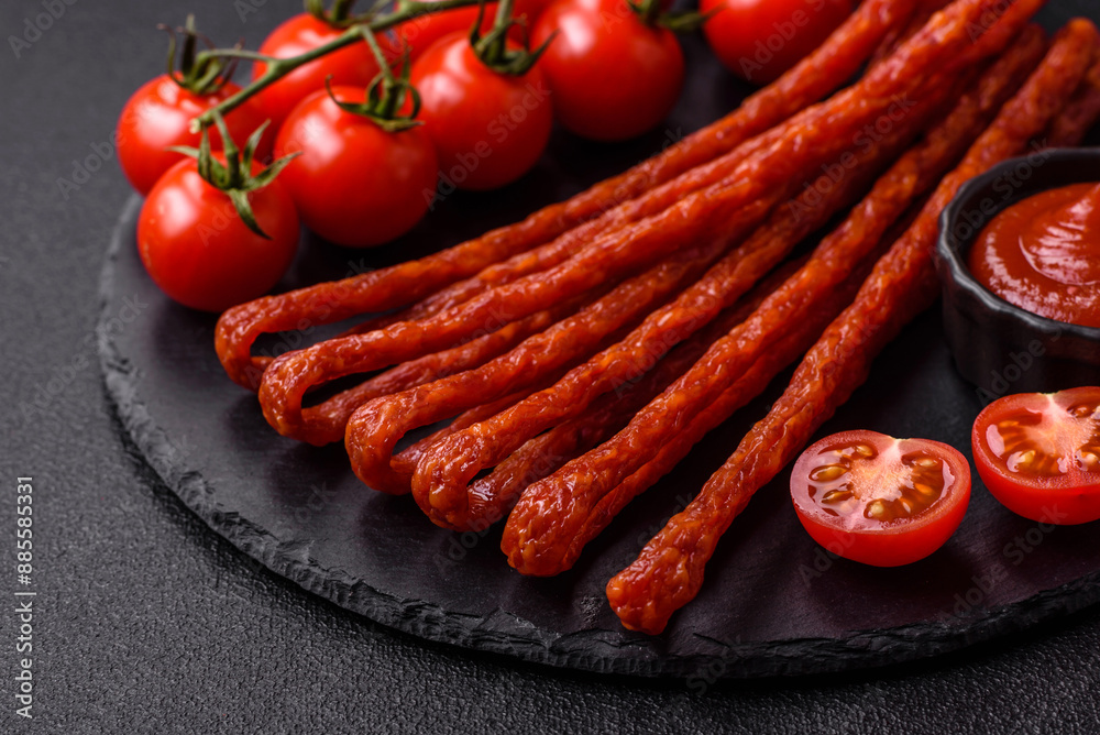 Mini sausages or cabanosi smoked with salt and spices Mini sausages or cabanosi smoked with salt and spices