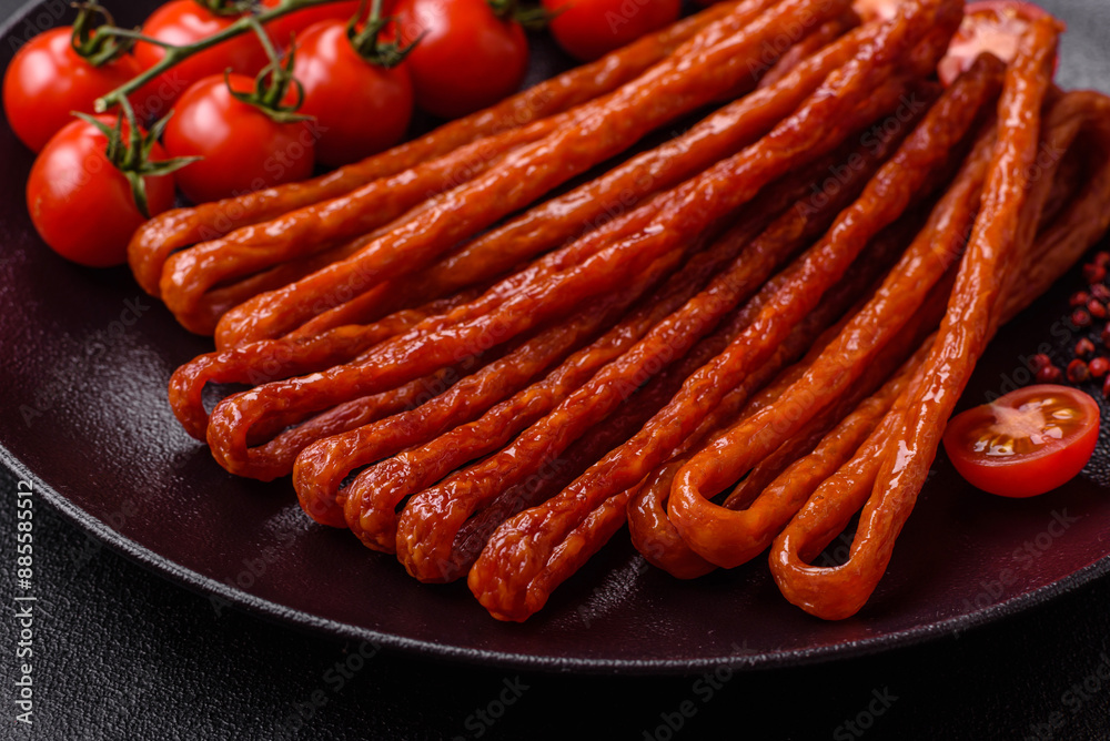 Mini sausages or cabanosi smoked with salt and spices Mini sausages or cabanosi smoked with salt and spices