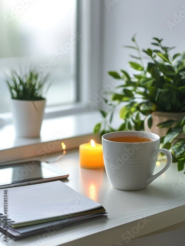 A person works or relaxes with a cup of tea and a notebook on a desk