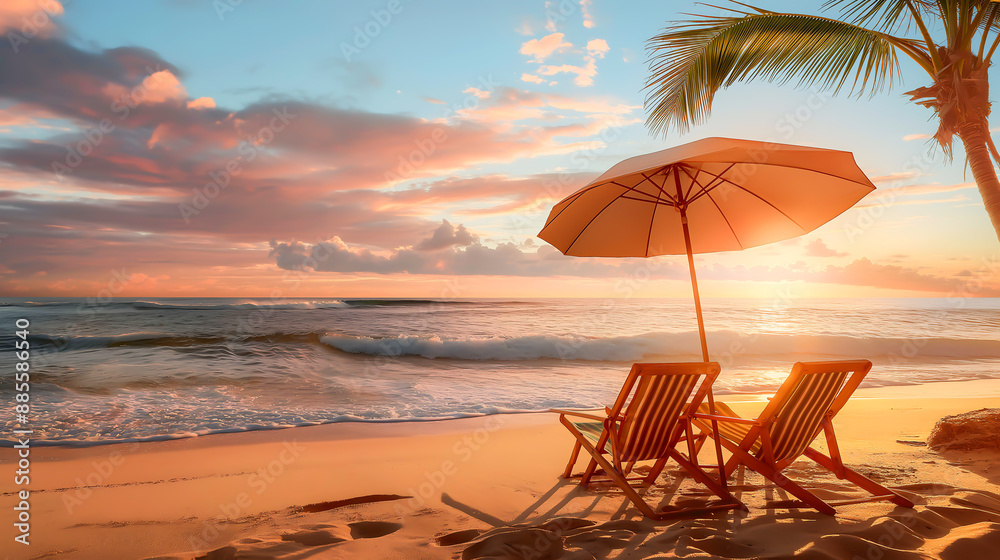 Calming of beautiful beach scene during sunset, Waves lapping at the shore, Chairs and umbrella in palm beach, Tropical holiday