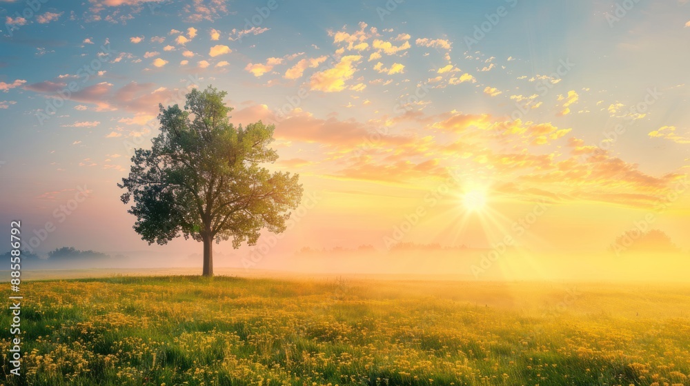 Solitary Tree in a Foggy Meadow at Sunrise Solitary Tree in a Foggy Meadow at Sunrise